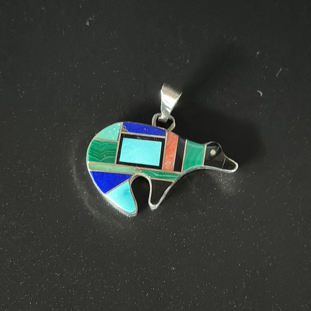 Vintage Native American Sterling Turquoise Lapis Stone Inlaid Bear Pendant